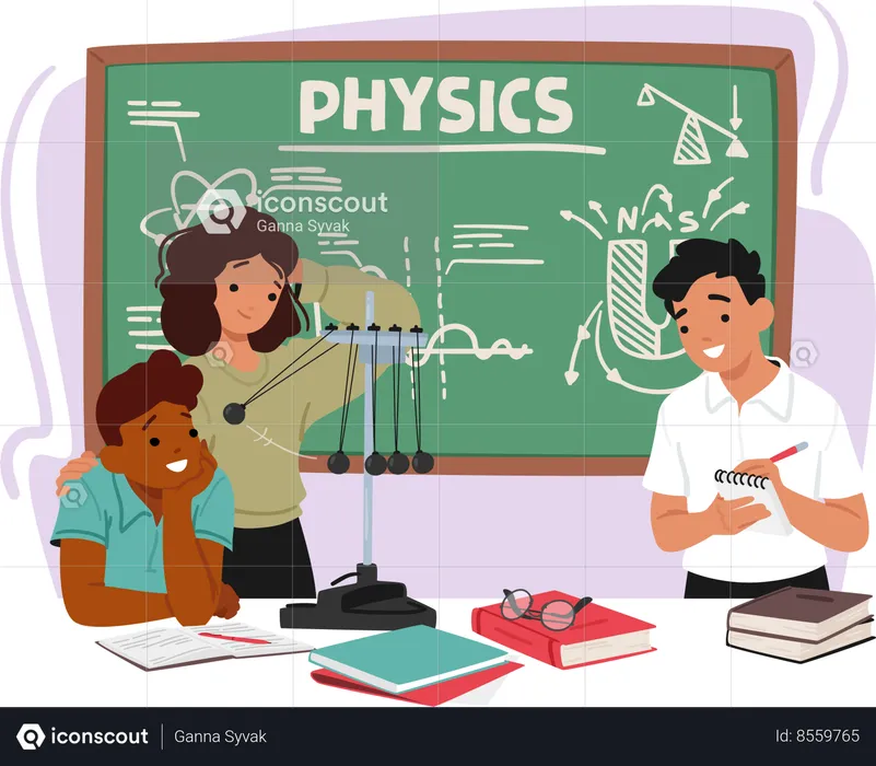 Excited Kids In A Physics Classroom Explore Kinetic Energy With Hands-on Experiments  Illustration