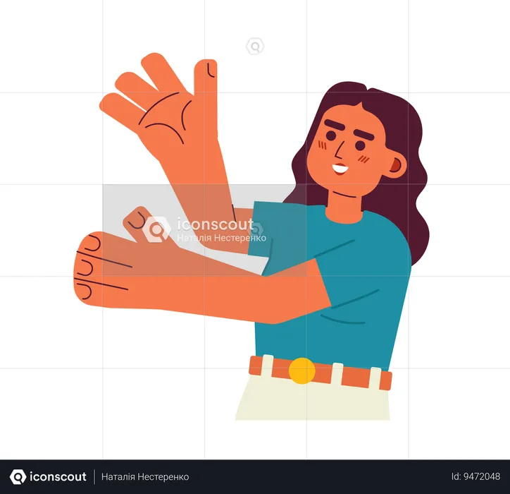 Excited latina woman presenting with hands palm up  Illustration