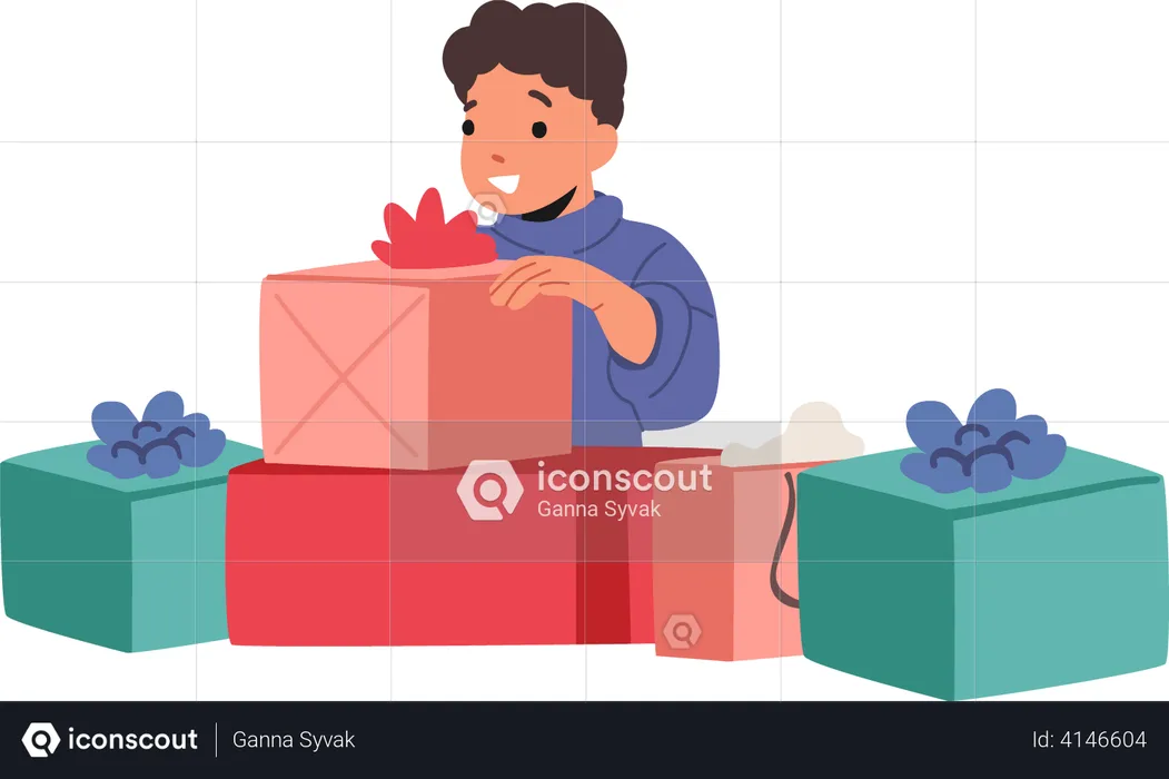 Excited Little Boy Opening Big Wrapped Gift Boxes  Illustration