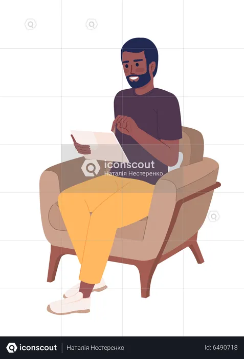 Excited man with tablet resting in armchair  Illustration