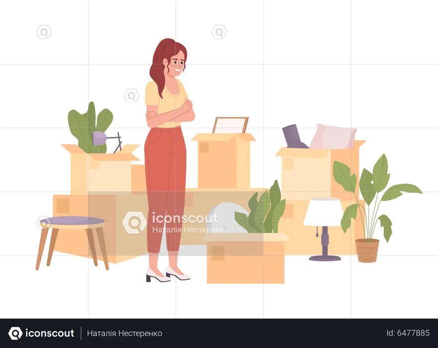 Excited woman preparing belongings for moving  Illustration