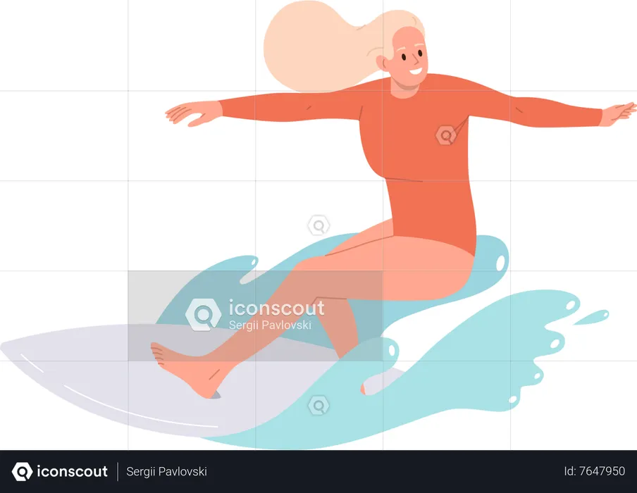 Excited woman surfer catching wave riding high on surfboard through ocean surface  Illustration