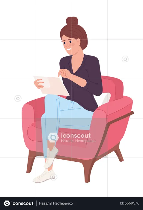 Excited woman with personal tablet in chair  Illustration