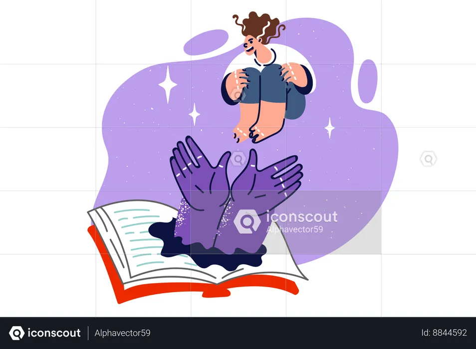 Exciting book with monster hand and woman jumping in textbook  Illustration