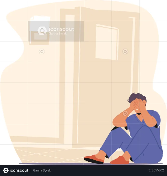 Exhausted And Despondent Doctor Character Sits On The Floor Beside The Cabinet Door  Illustration