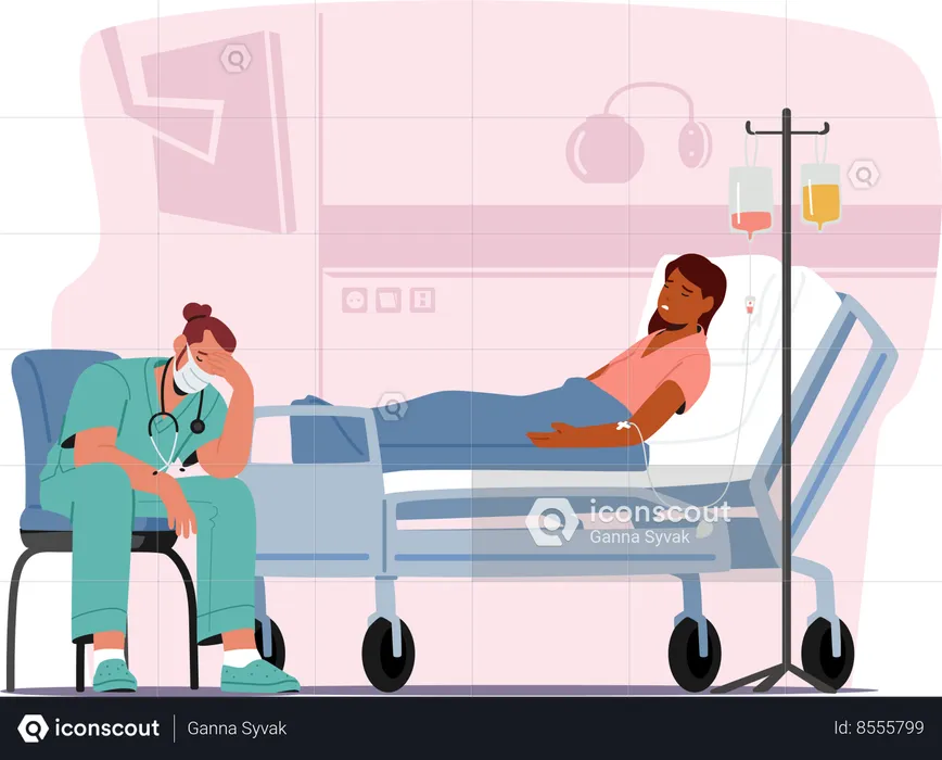 Exhausted And Despondent Doctor Male Character Slumps Beside The Seriously Ill Patient Bed  Illustration