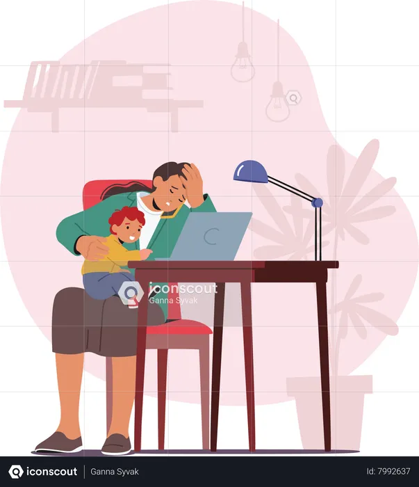 Exhausted Business Mother Multitasking On Laptop While Holding Her Child  Illustration