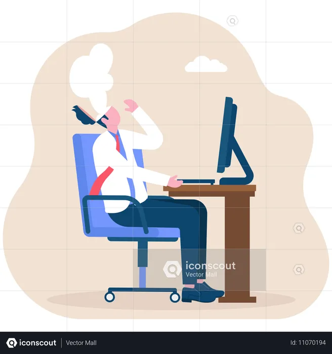 Exhausted businessman at her desk in the office with smoke coming out of her head  Illustration