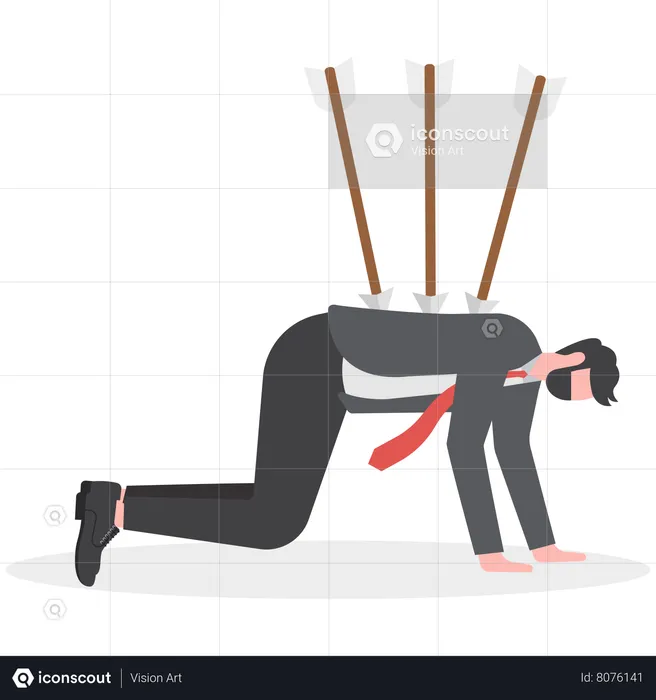 Exhausted businessman walking with painful bows on his back  Illustration