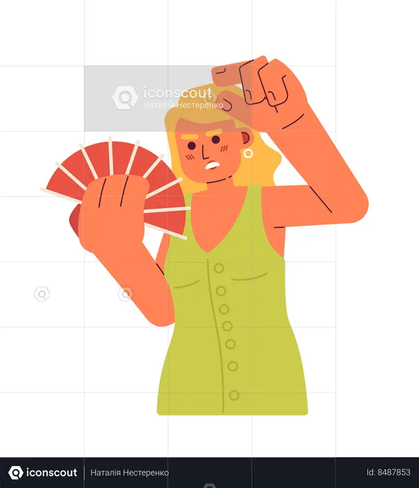 Exhausted caucasian woman cooling down with fan  Illustration