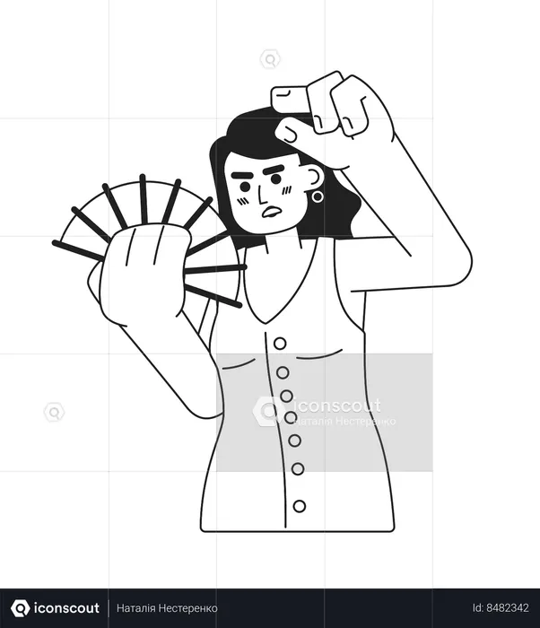 Exhausted caucasian woman cooling down with fan  Illustration