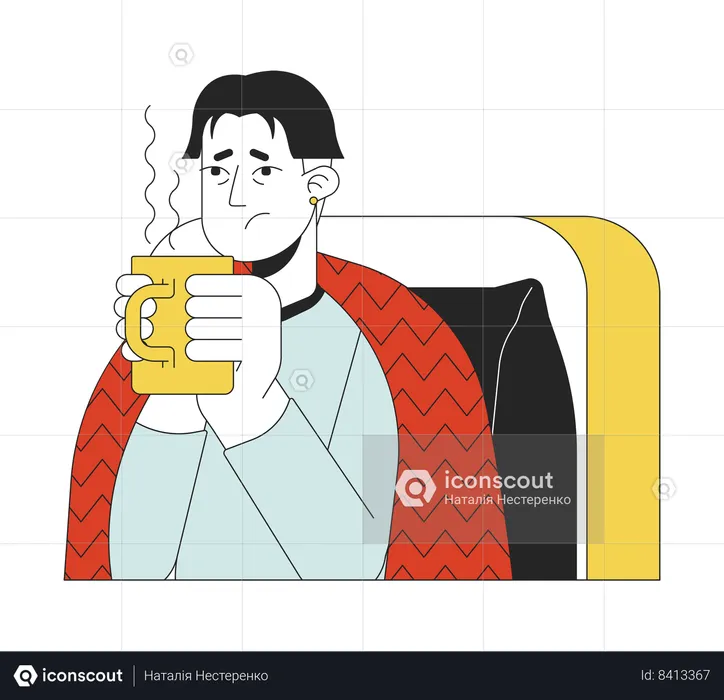 Exhausted flu asian man holding hot drink  Illustration