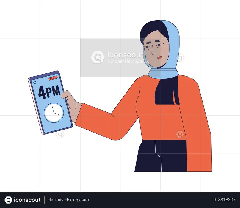 Exhausted hijab woman checking time on phone  Illustration