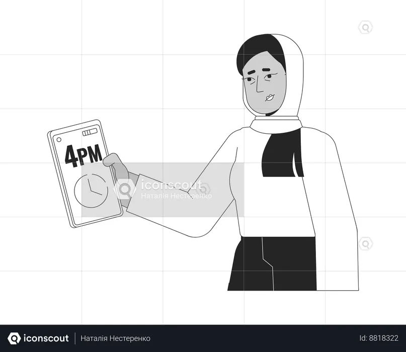 Exhausted hijab woman checking time on phone  Illustration