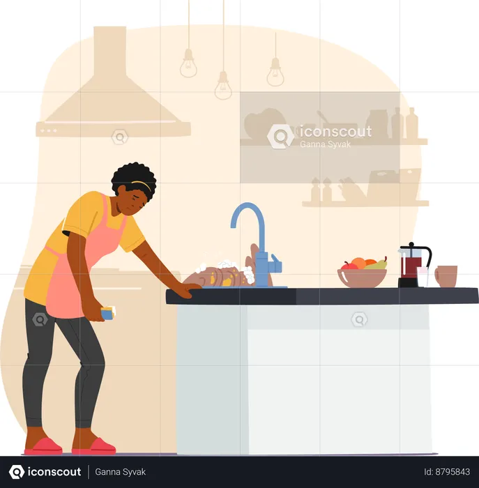 Exhausted Housewife In Cluttered Kitchen Fatigued From Endless Housework  Illustration