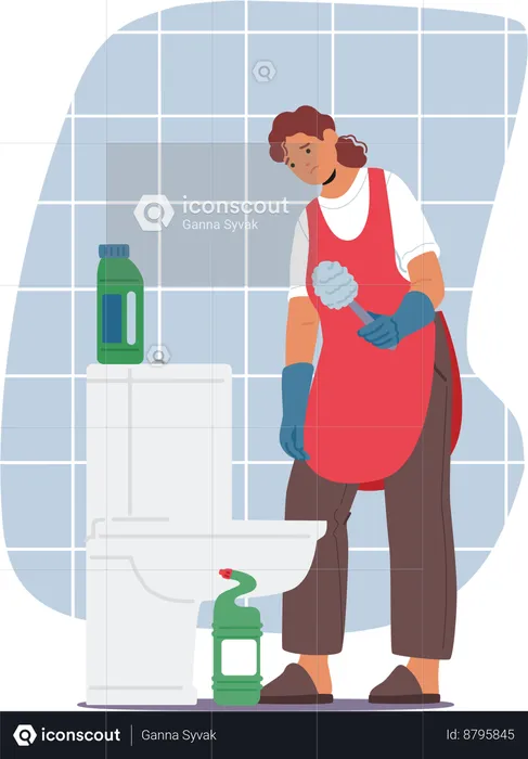 Exhausted Housewife Scrubbing Toilet  Illustration