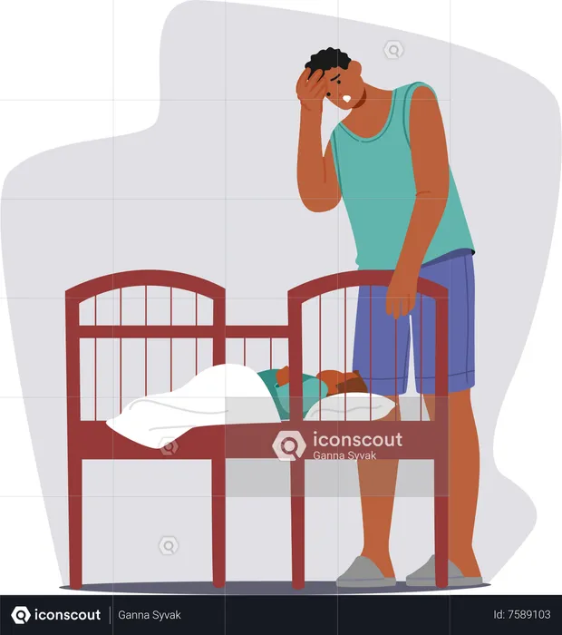 Exhausted Man Character Beside A Wailing Baby In A Crib  Illustration
