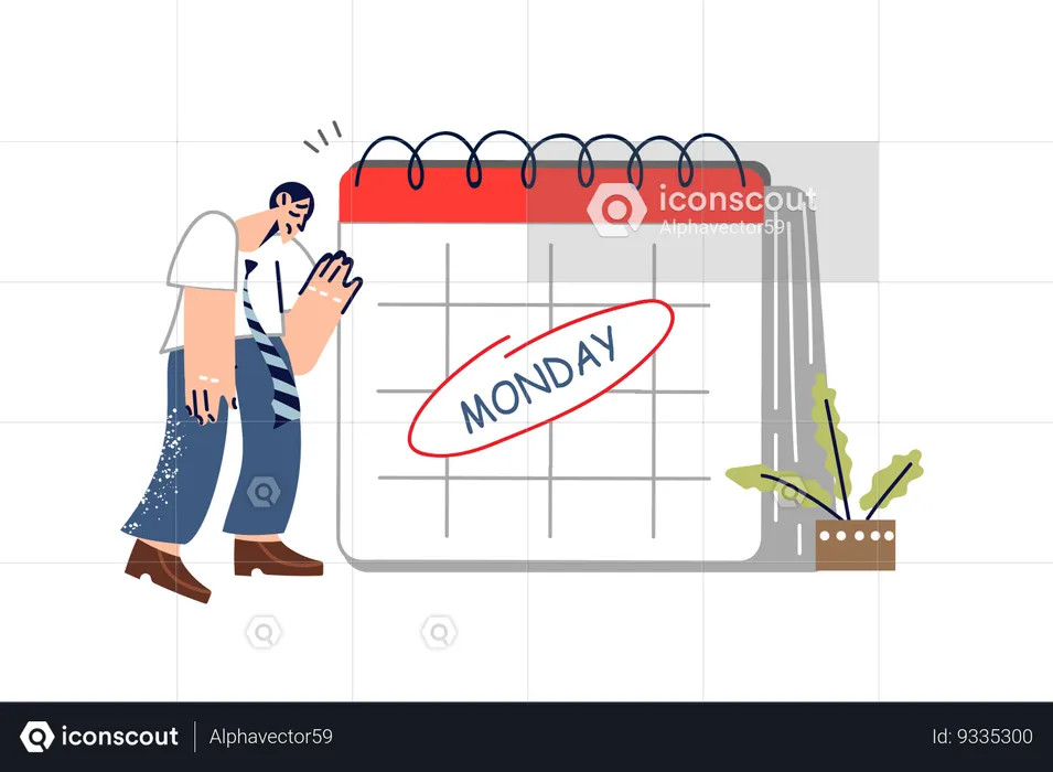 Exhausted man feels burnout on monday  Illustration