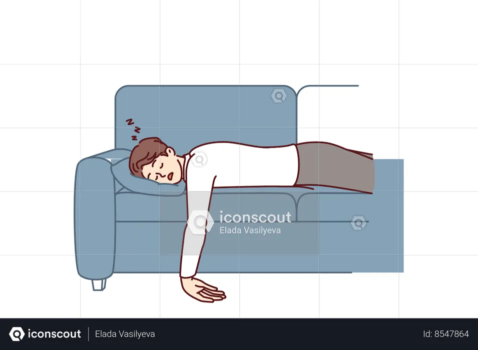 Exhausted man fell asleep lying on comfortable sofa with no energy after hard day at work  Illustration