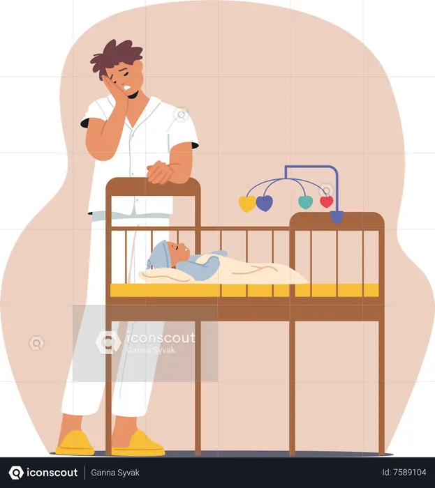 Exhausted Man Struggles Near Crying Baby In Cot  Illustration