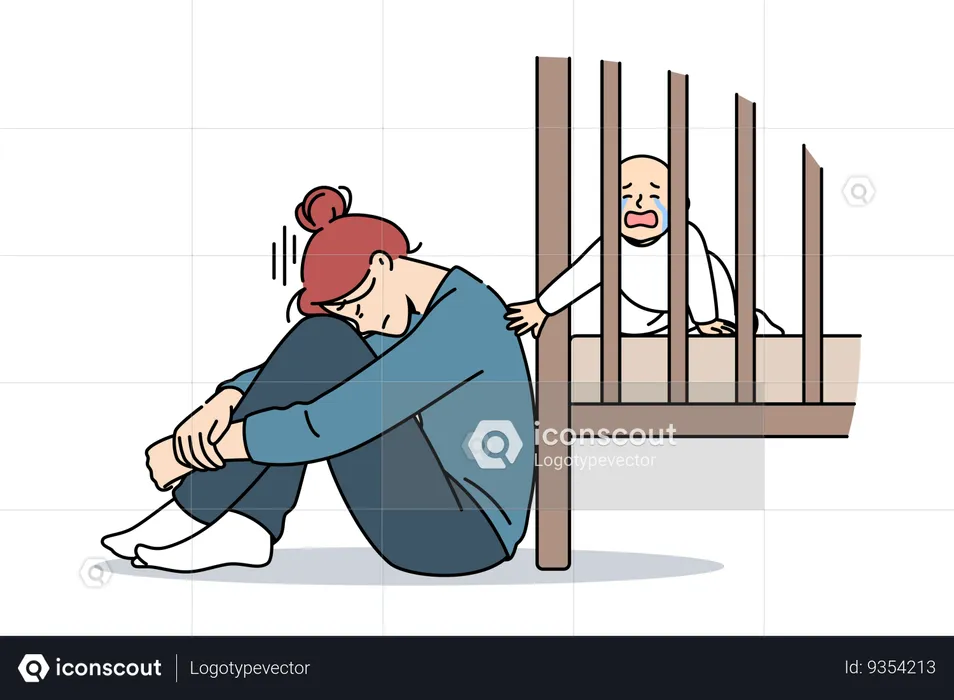 Exhausted mother with postpartum stress sits on floor near crib with crying newborn  Illustration