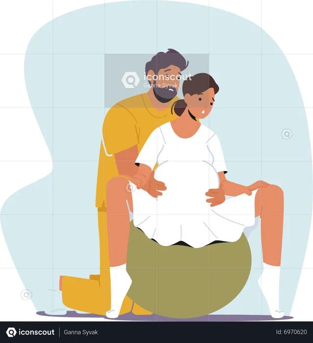 Expecting Couple In Clinic Prepare For Childbirth Using Fitness Ball  Illustration