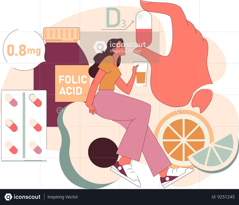 Expecting mother takes essential supplements  Illustration