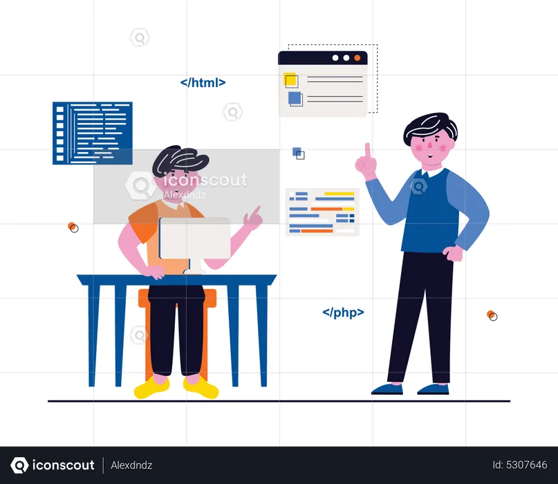 Experienced web developer explaining code  Illustration