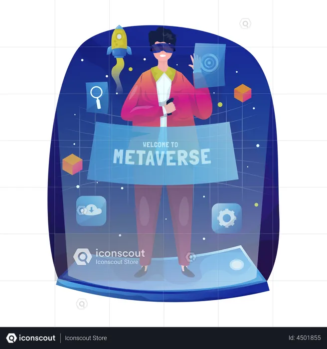 Experiencing metaverse features while wearing VR glasses  Illustration