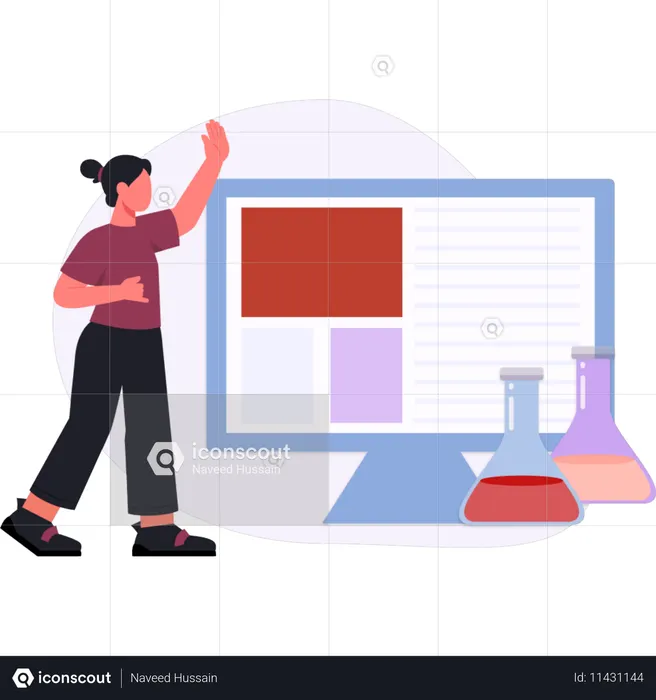 Experimento de una mujer en un matraz químico  Ilustración