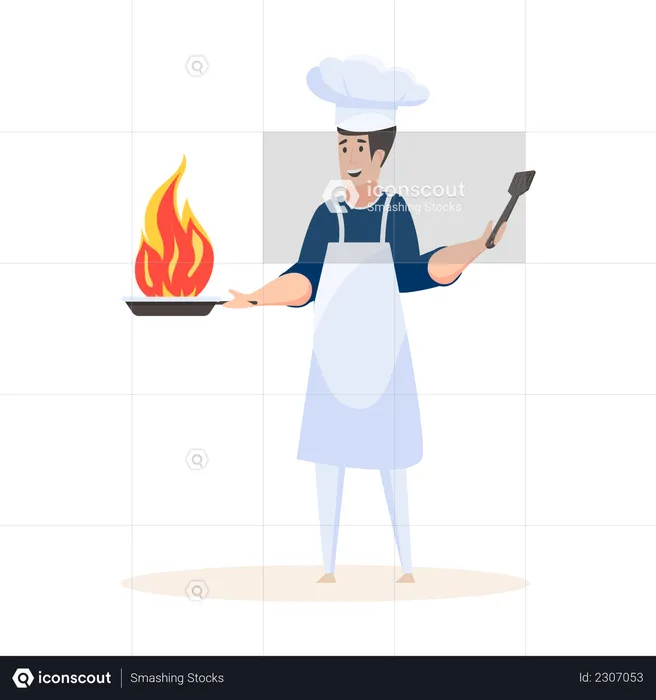 Expert Chef cooking and holding frying pan  Illustration