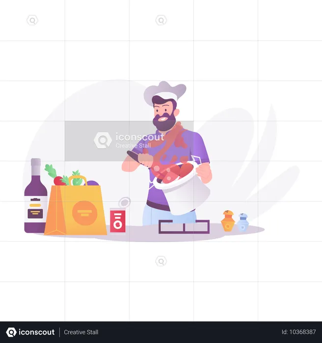 Expert Chef Cooking in Kitchen  Illustration