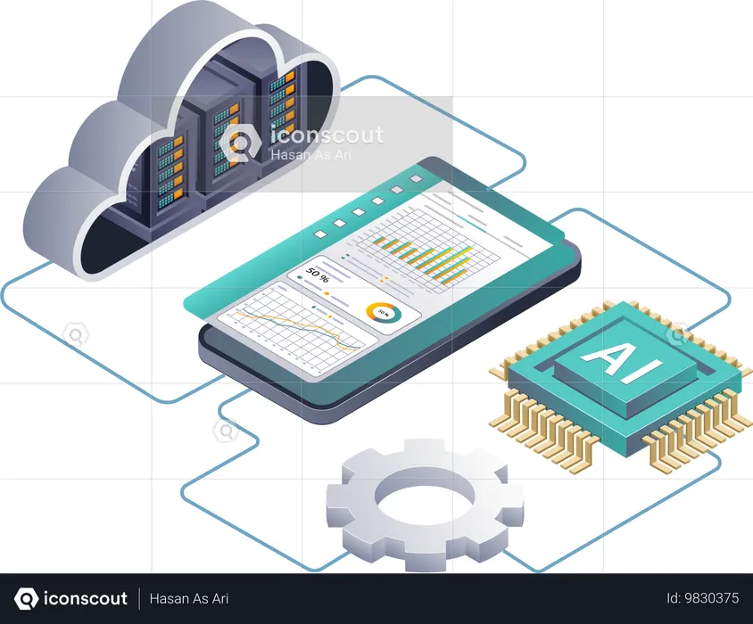 Explorando la IA en el análisis de datos de servidores en la nube a través de aplicaciones para teléfonos inteligentes  Ilustración