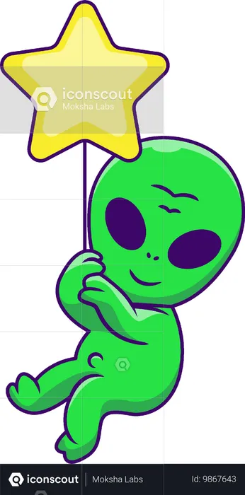 Alien flotando con globo estrella  Ilustración