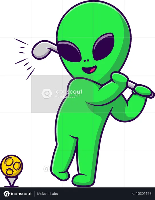 Extraterrestre jugando al golf en la luna  Ilustración