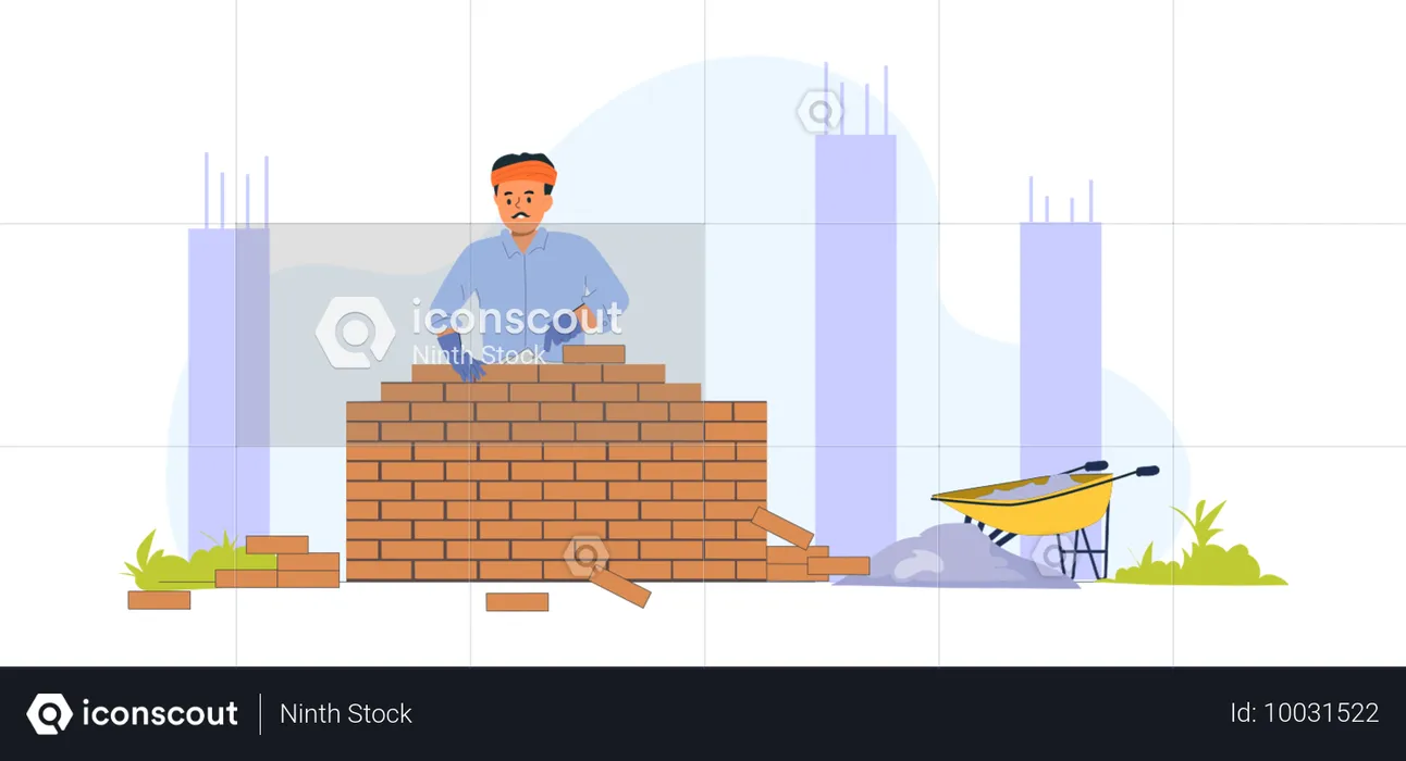 Homme faisant un mur de briques sur le chantier de construction  Illustration