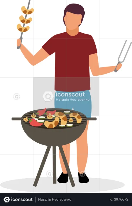 Homme préparant de la nourriture pour barbecue  Illustration