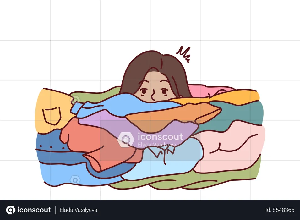 Face of woman near dirty clothes in need of washing with colored laundry detergent  Illustration