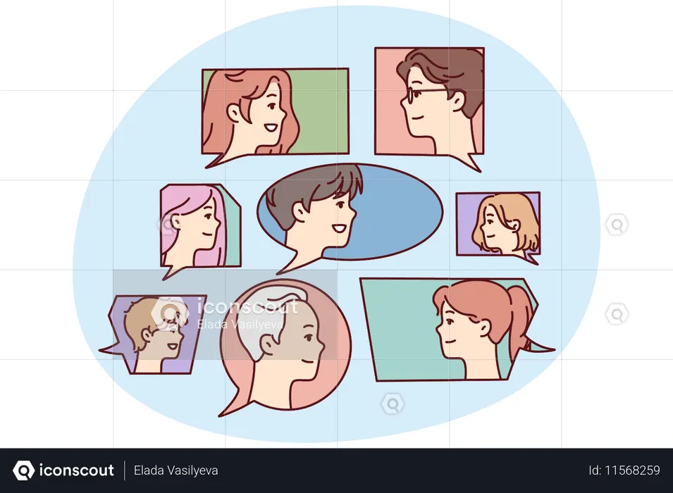 吹き出しの中の男性と女性の顔は公の議論を象徴している  イラスト