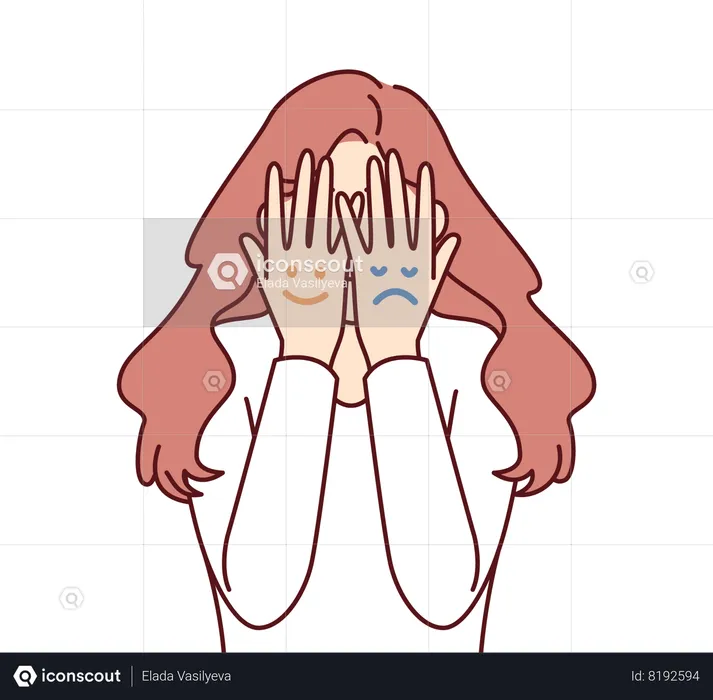 Faces with different moods are depicted on hands of woman hiding face  Illustration