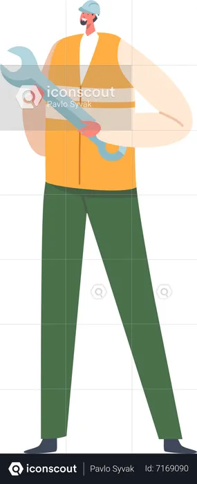 Factory Engineer Using Wrench  Illustration
