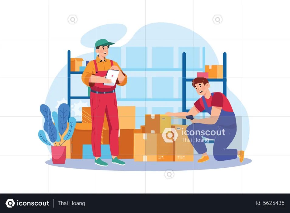 Factory Worker Checking Stock In Warehouse  Illustration