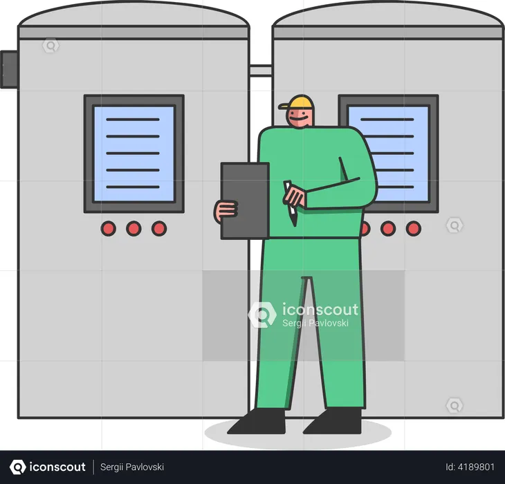 Factory Worker Controls Milk Filling And Pasteurization Process On Milk Plant  Illustration