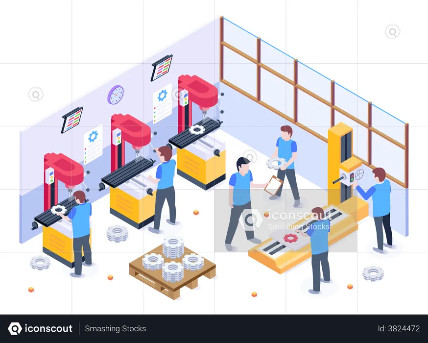 Factory Workers Manufacturing Industrial Parts  Illustration