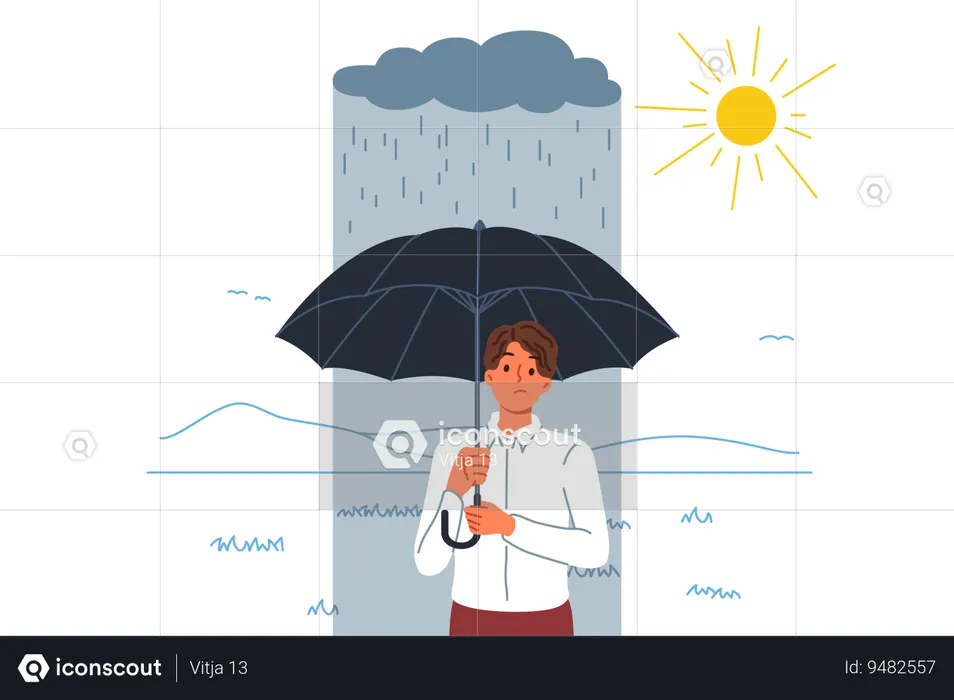 Failure and misfire haunt man standing with umbrella in rain located in sunny area  Illustration