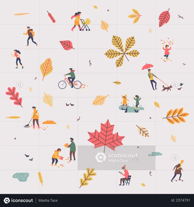 Fall or autumn season with falling leaves and people enjoy their time outdoors  Illustration