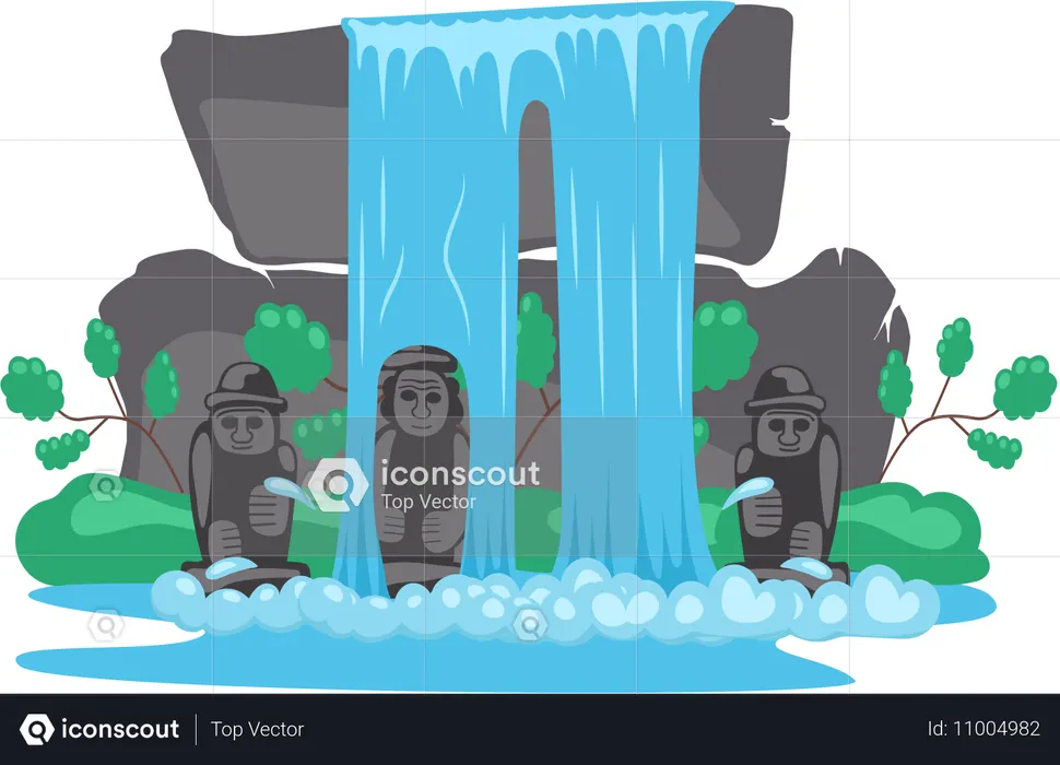 Falling waterfall with sculpture  Illustration