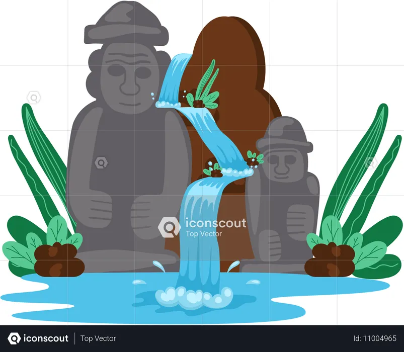 Falling waterfall with sculpture  Illustration