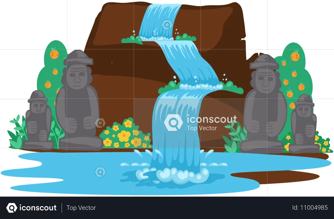 Falling waterfall with sculpture  Illustration