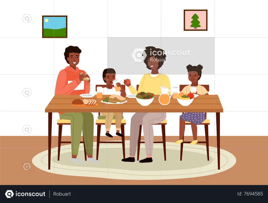 Familia africana cenando en el comedor  Ilustración